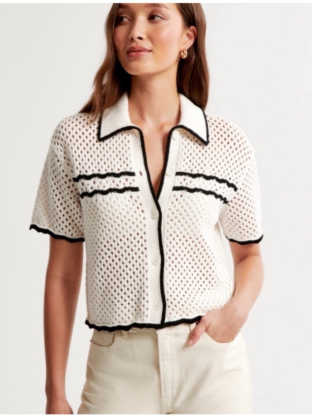 Abercrombie And Fitch Crochet Style Front Button Polo Short Sleeves Top Size XL